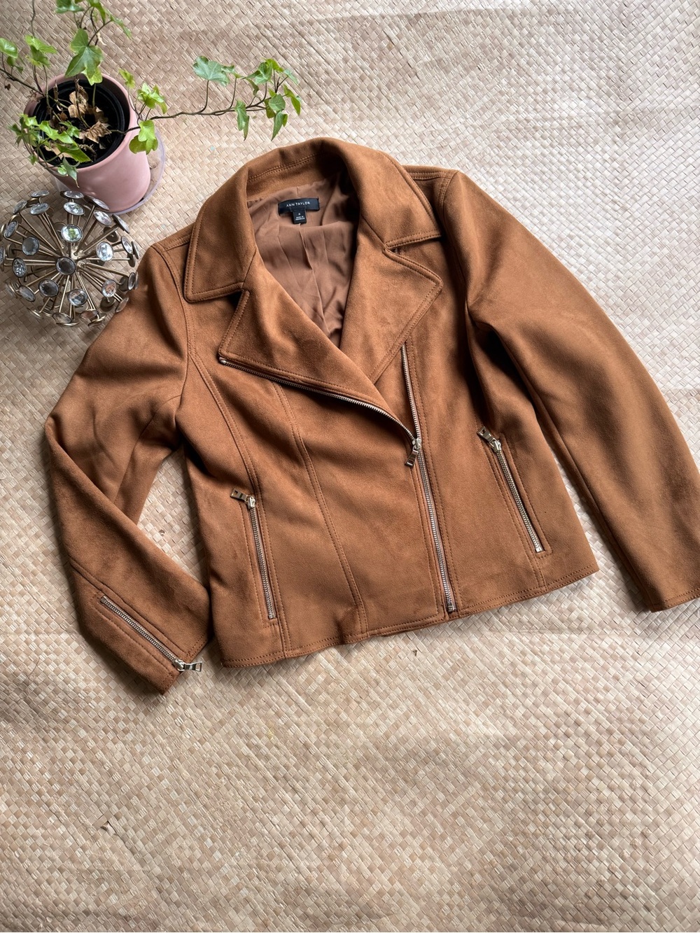 Ann Taylor Faux Suede Moto Jacket - Cognac Brown